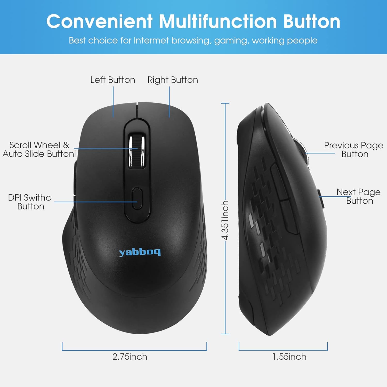 YABBOQ Ratón inalámbrico blanco y negro, versión 2023 2.4G, ratón óptico inalámbrico para computadora, mouse ergonómico de 6 botones, 80012001600