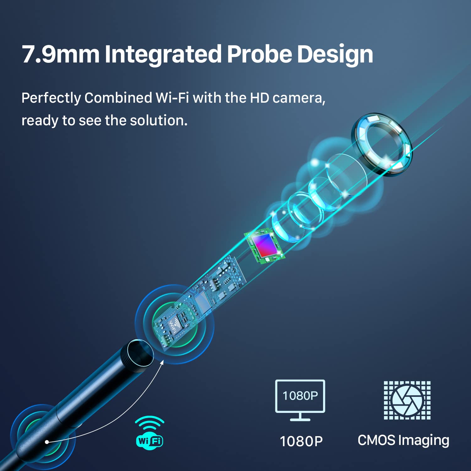 Endoscopio inalámbrico, boroscopio industrial Wi-Fi con 6 luces LED, cámara USB tipo C serpiente de 0.311 in, cámara de inspección IP67 impermeable