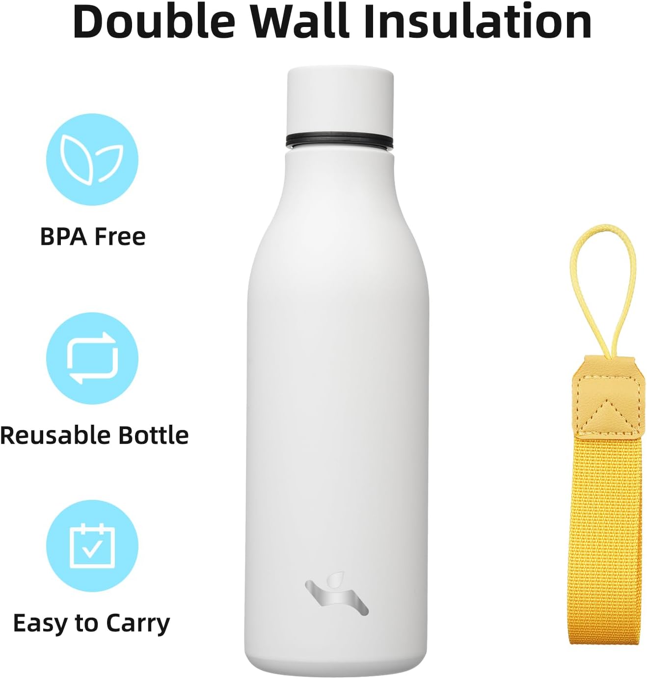 Botella de agua aislada con correa, botellas de acero inoxidable de doble pared de 18 onzas, botella de agua de metal, color blanco