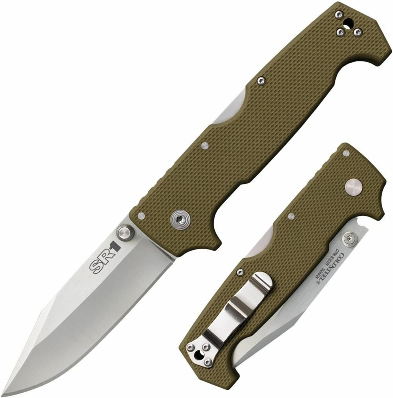 Cold Steel SR1 S35VN Cuchillo plegable táctico de defensa personal con hoja G-10 de 4 pulgadas con mecanismo de bloqueo Tri-Ad y clip de