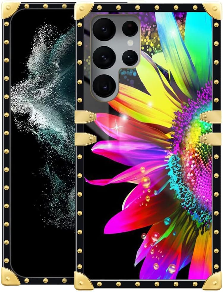 DAIZAG Funda compatible con Samsung Galaxy S23 Ultra, hermosa decoración de metal cuadrado de girasol, suave, delgada, antiarañazos, a prueba de