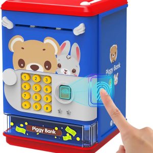 AIQI Hucha de juguete electrónico mini cajero automático con contraseña personal y simulación de desbloqueo de huellas dactilares, caja de música AIQI Hucha de juguete electrónico mini cajero automático con contraseña personal y simulación de desbloqueo de huellas dactilares, caja de música