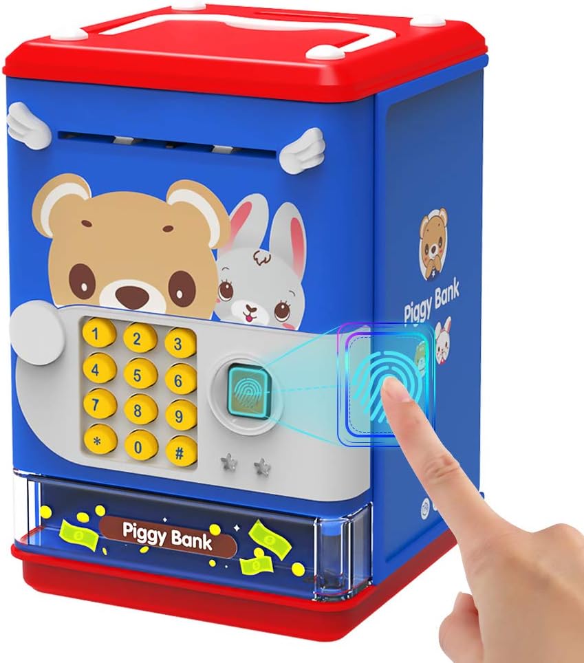 AIQI Hucha de juguete electrónico mini cajero automático con contraseña personal y simulación de desbloqueo de huellas dactilares, caja de música