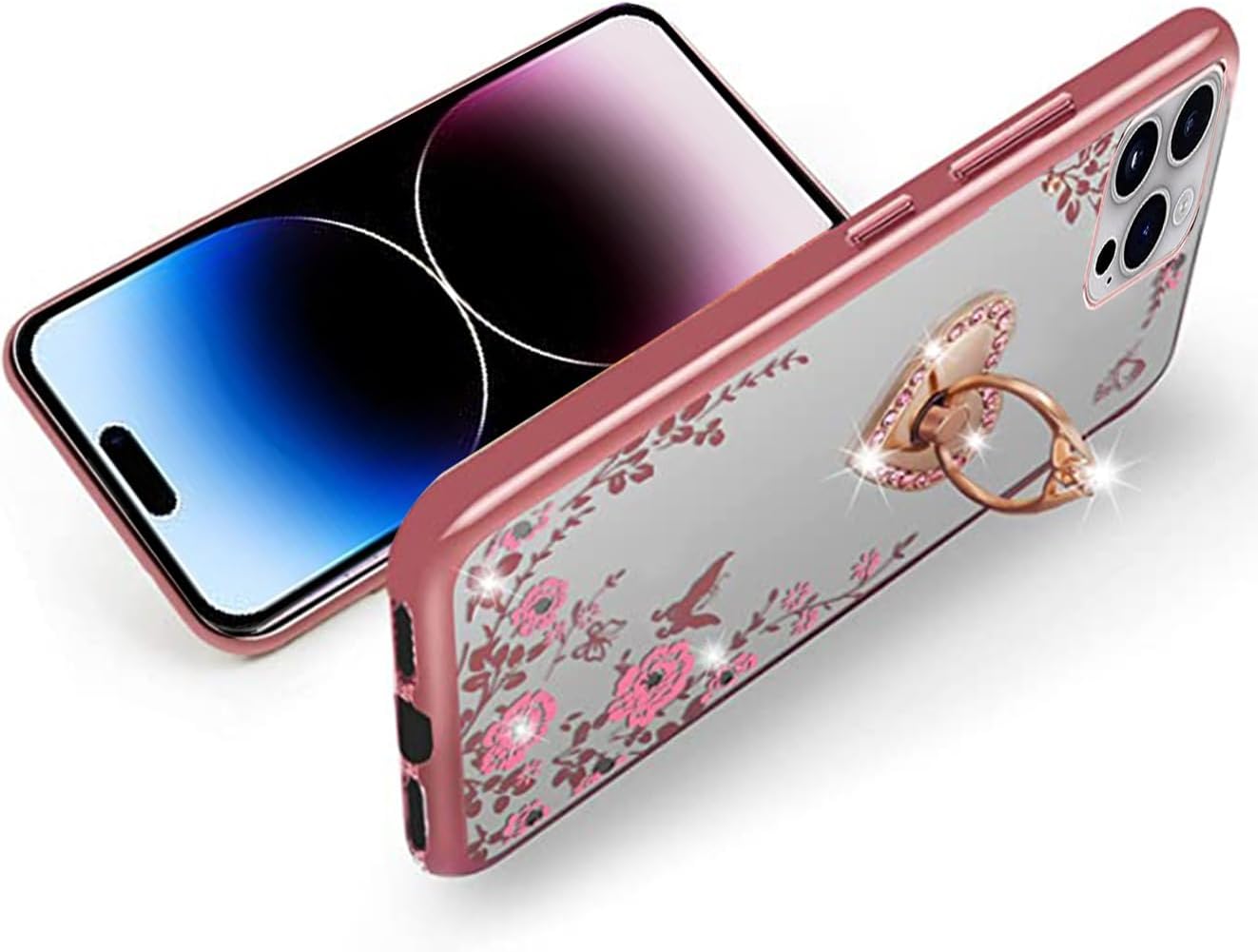 B-wishy Funda protectora para iPhone 15 Pro para mujer, con purpurina, cristal, mariposa, corazón, floral, delgada, TPU de lujo, bonita funda