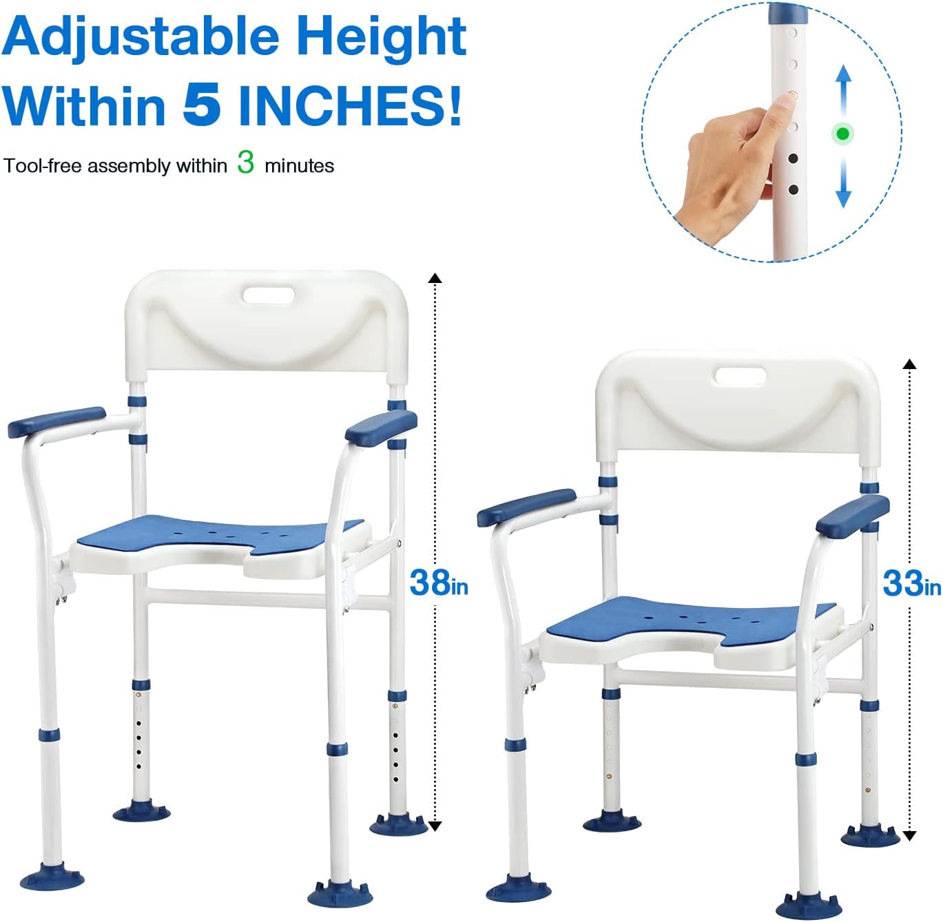 GreenChief Silla de ducha con brazos y respaldo de 350 libras, silla de baño plegable ajustable, asiento de ducha recortado para lavado privado,