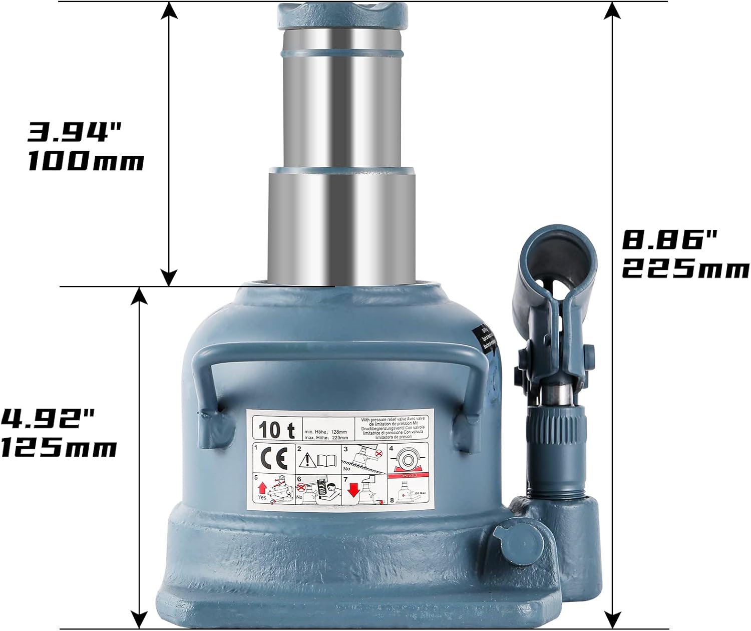 BAOSHISHAN Gato de botella de perfil bajo Jack de 10 toneladas doble Ram Jack 4-78 ” a 8-78 ” Rango de elevación Gato hidráulico Stubby Short