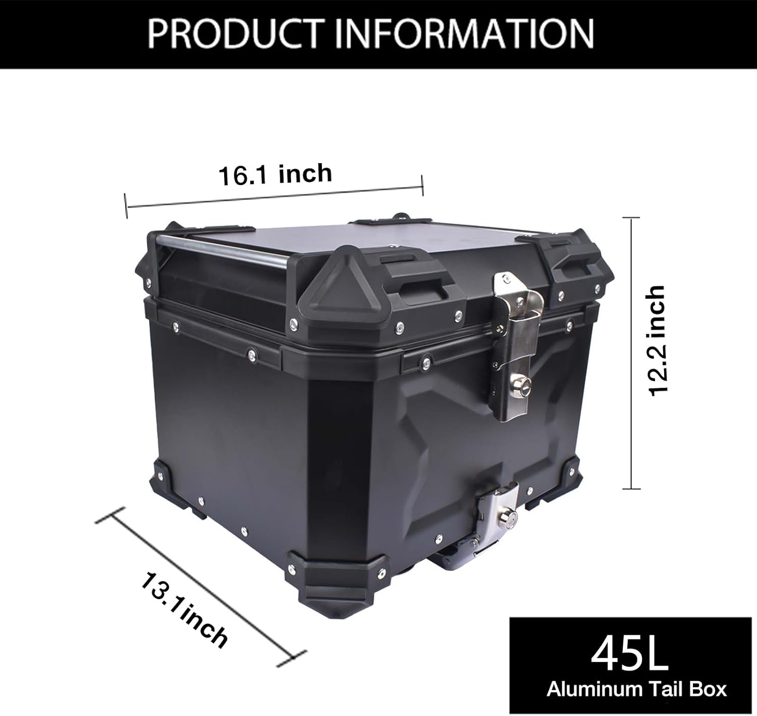 Maleta superior de motocicleta negra de 45 L, caja superior de aluminio impermeable para maletero de motocicleta, caja de cola con cerradura de