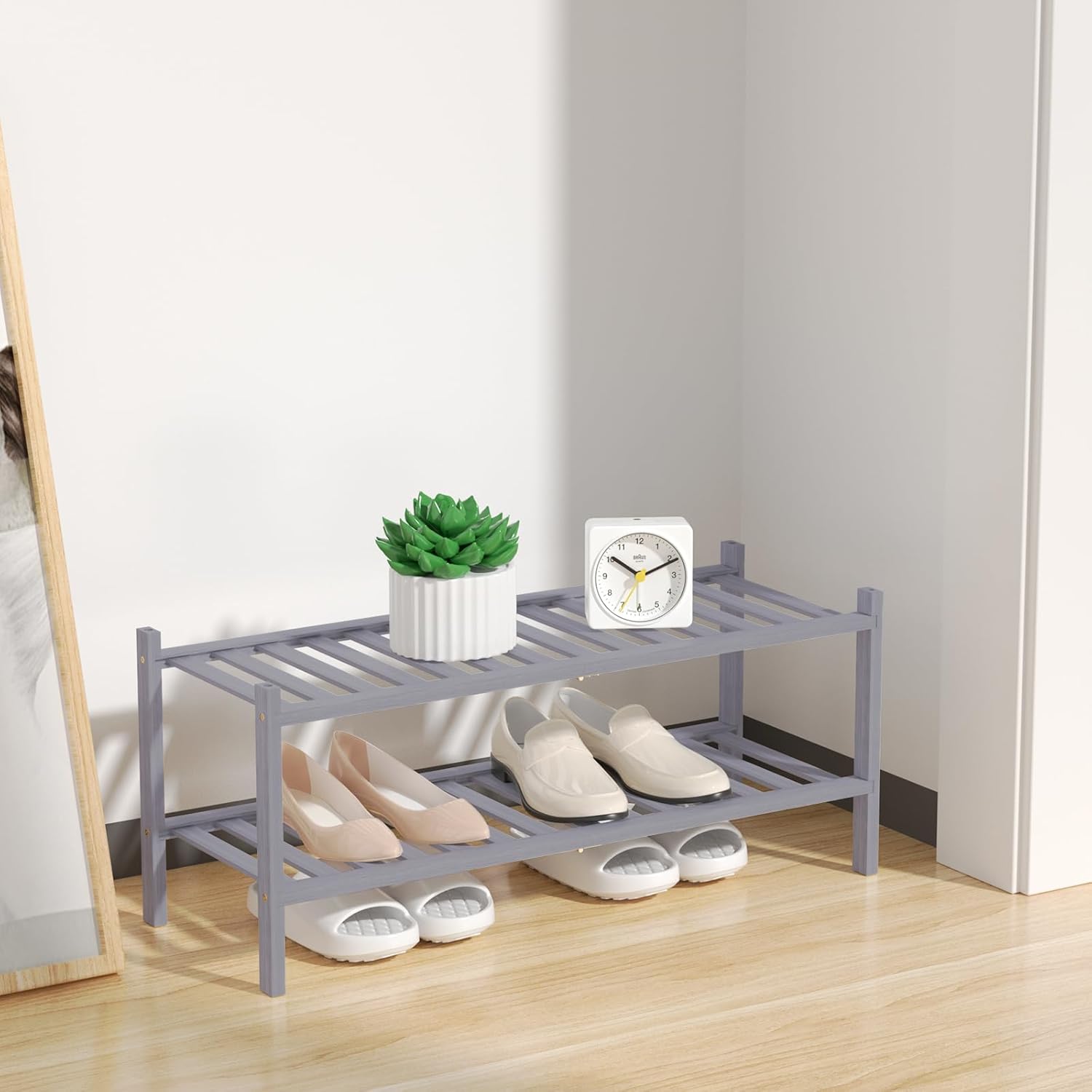 Zapatero de bambú natural de 2 niveles, estante de almacenamiento apilable con combinaciones multifunción, zapateros independientes para una cómoda