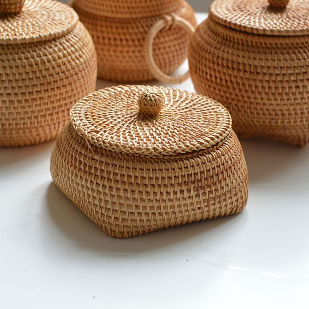 Zerodeko Cesta de almacenamiento redonda de ratán con tapa, cesta para servir pan de frutas, caja de almacenamiento tejida a mano, cesta de huevos,