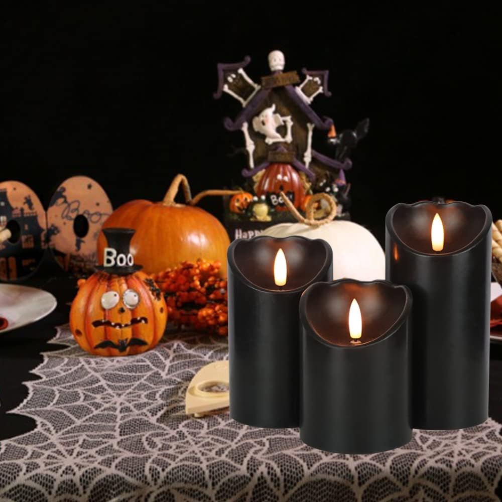 Eldnacele Velas parpadeantes sin llama de cera negra con temporizador de 6 horas, mecha 3D realista, funciona con pilas, juego de 3 velas LED para