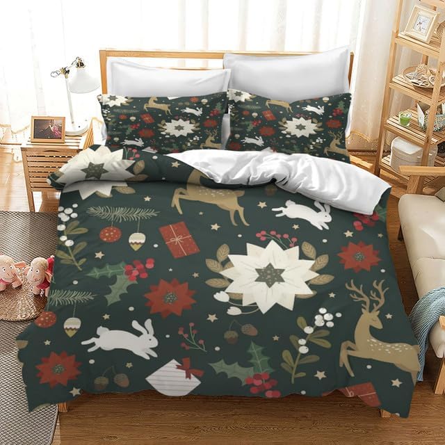 Bidesign Juego de funda de edredón tamaño matrimonial con temática navideña (diseño de cerezaárbol de Navidadcampana) para vacaciones (1 funda de