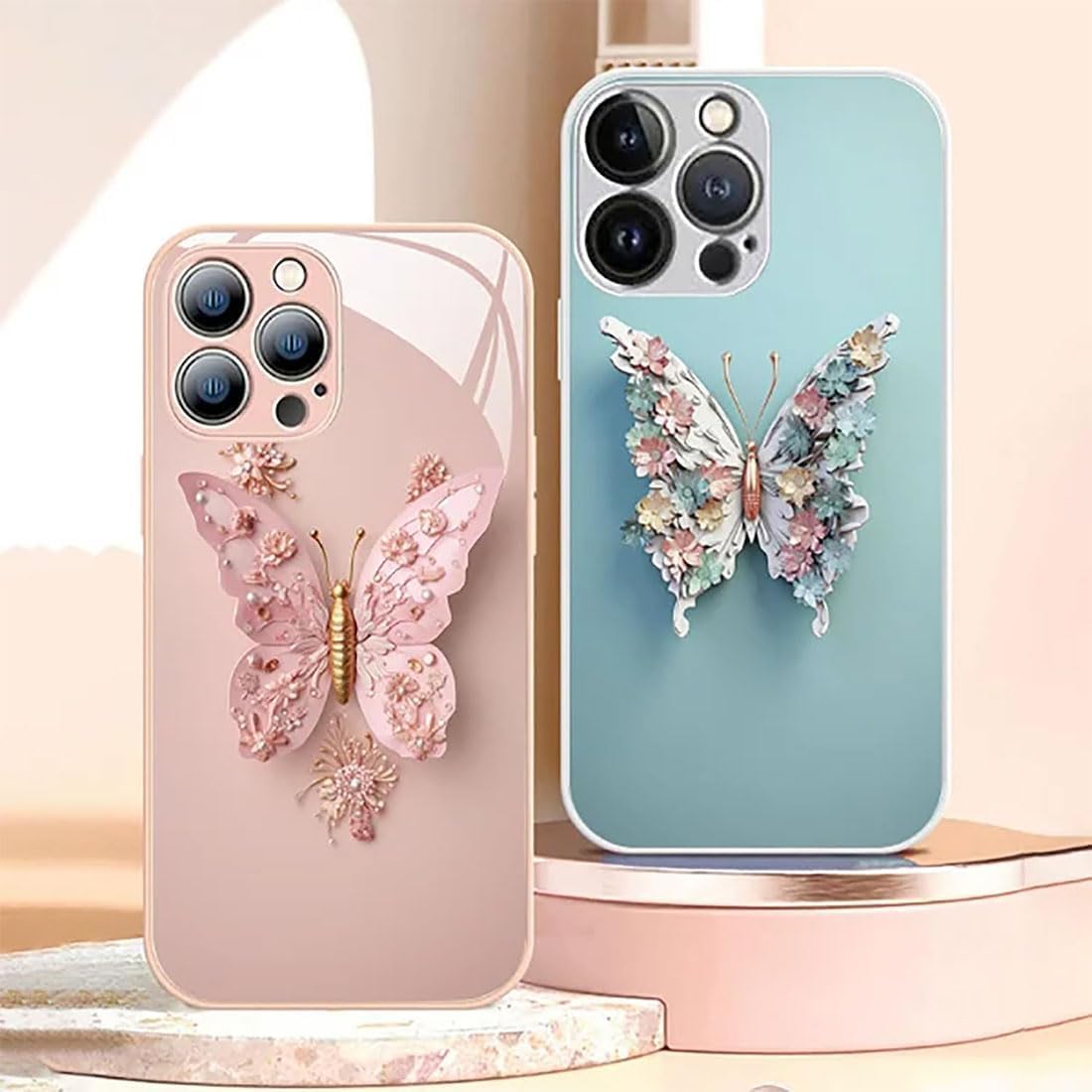 Funda de vidrio con patrón de mariposa 3D plana compatible con iPhone, funda para teléfono con cubierta de vidrio con patrón de mariposa (para