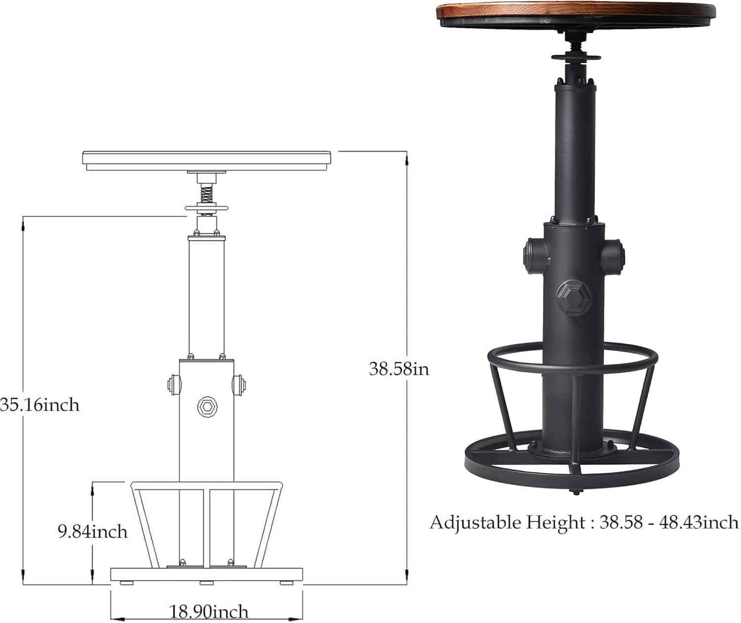 LOKKHAN Mesa de bar industrial de 38.6 a 48.4 pulgadas de altura ajustable giratoria redonda de madera de 23.7 pulgadas de diámetro, cocina,