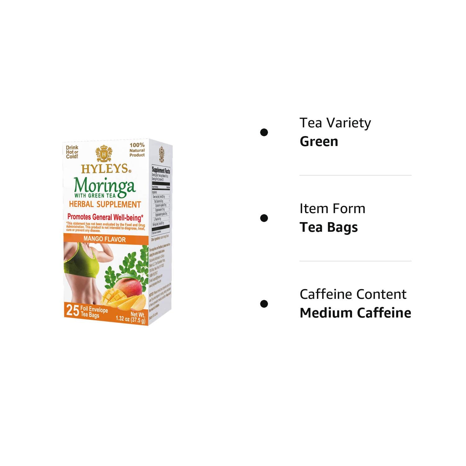 Hyleys Moringa Oleifera y té verde con sabor natural a mango – 25 bolsas de té (té de árbol de milagro)