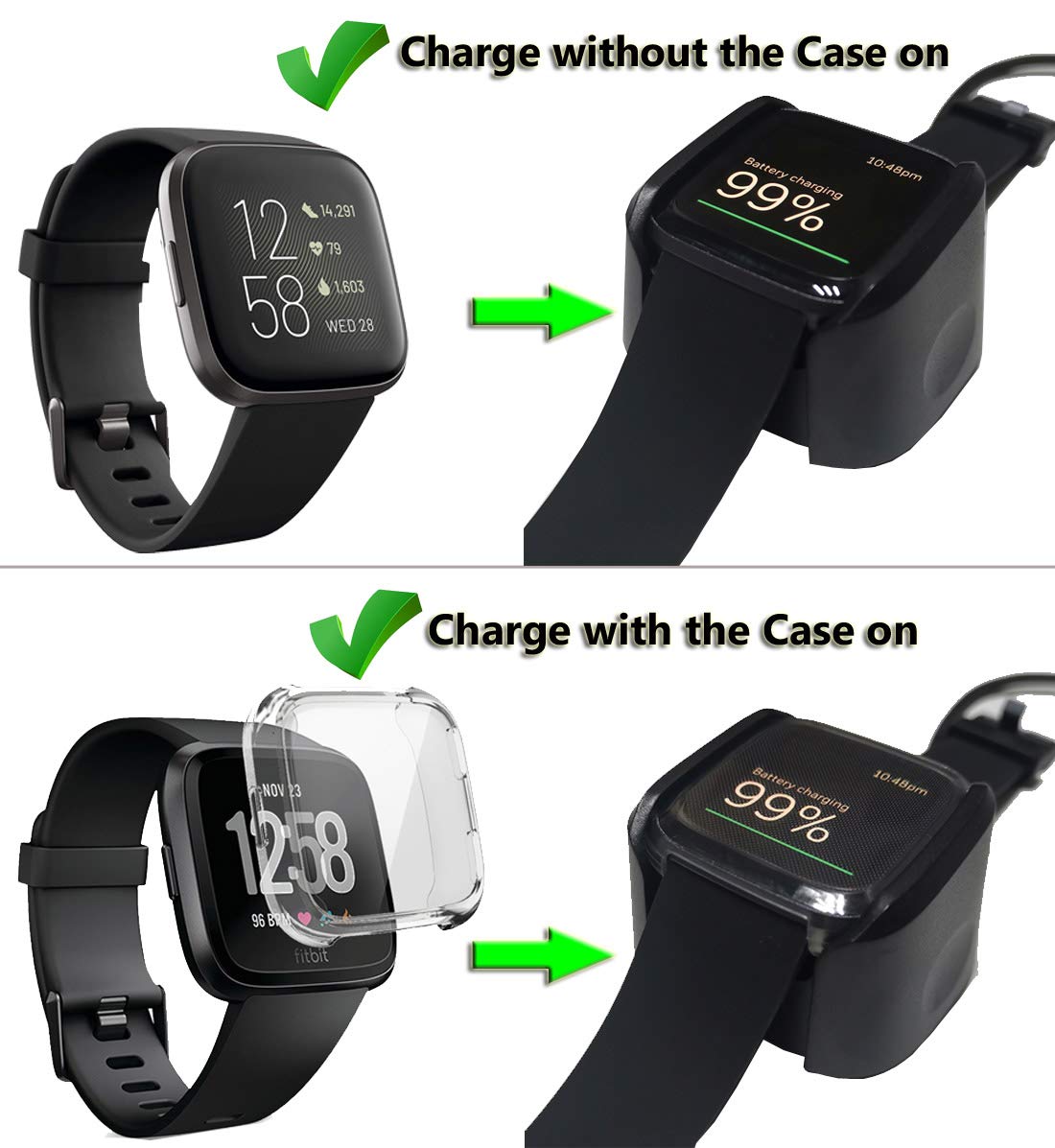 Base de carga de repuesto compatible con cargador Fitbit Versa 2, cable de soporte de base de carga y 2 fundas protectoras de pantalla de cubierta