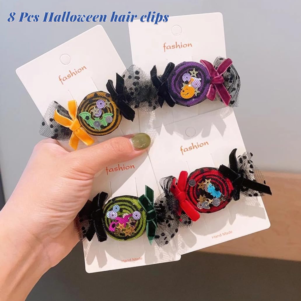 Pinzas de lazo para el cabello de Halloween, 8 unidades para mujeres y niñas, pasadores de fantasma, pinzas de organza para el cabello, accesorios