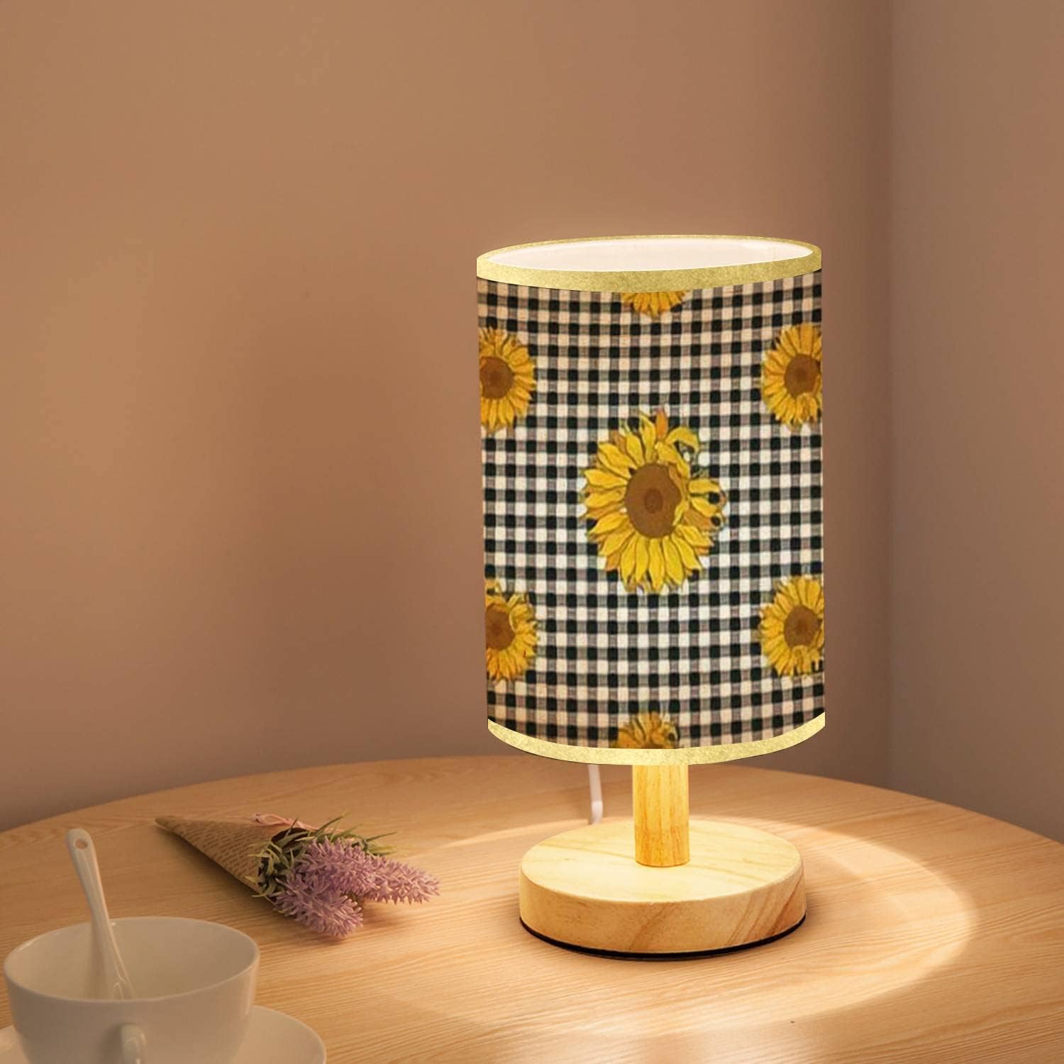 Lámpara minimalista para mesita de noche, girasoles brillantes, a cuadros de búfalo blanco y negro, a cuadros, sin costuras, floral, de madera,