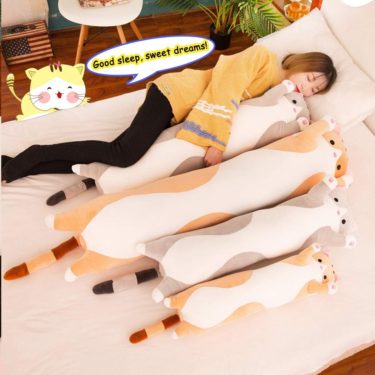 MDXMY – Almohada larga de felpa con diseño de gato, de dibujos animados, animales de peluche, suave y larga, para regalo (color gris, de 35.43