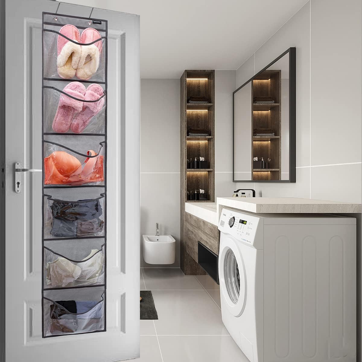 Organizador de zapatos con bolsillos extra grandes para armario sobre la puerta estrecha para colgar zapatos (6 bolsillos grandes, gris)