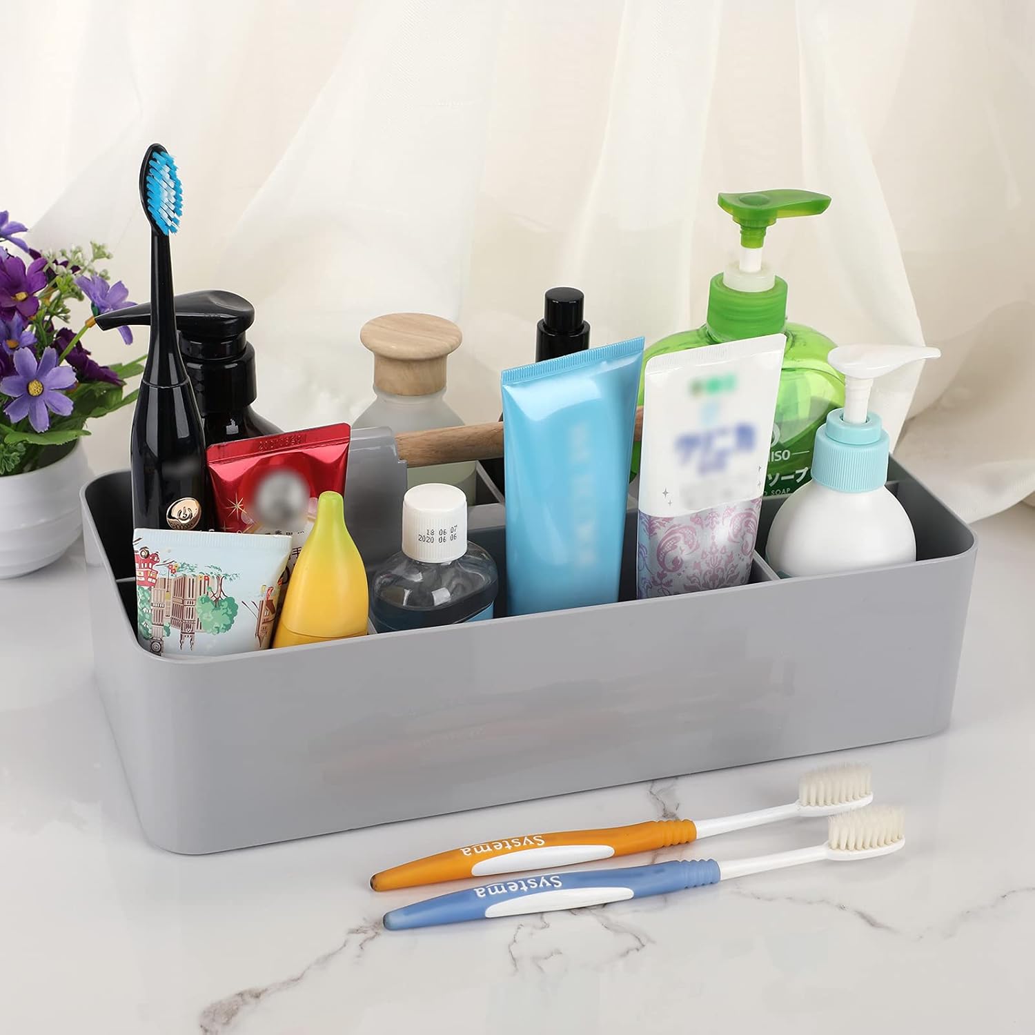 BTSKY Organizador de almacenamiento portátil de plástico apilable, organizador de almacenamiento dividido para manualidades con mango de madera para