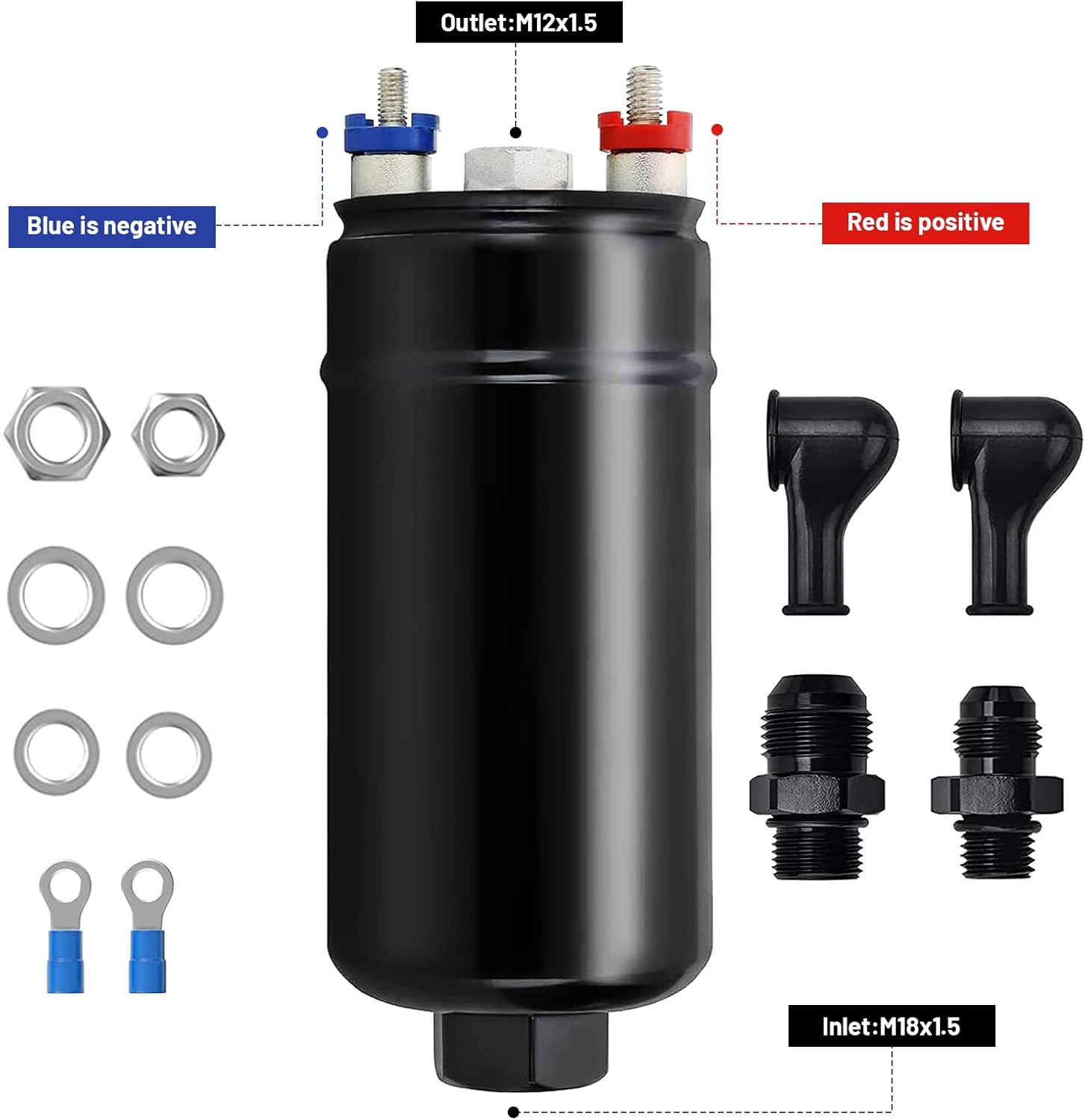 Bomba de combustible externa en línea, alta presión eléctrica 300LPH de alto flujo 12V 145PSI Bomba universal eléctrica 6AN Outlet10AN Adaptador de