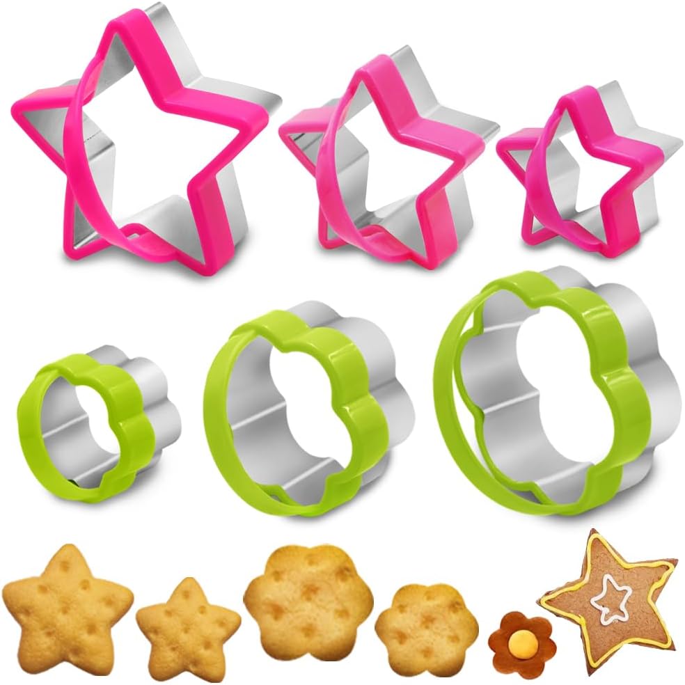6 cortadores de galletas de acero inoxidable con asa, cortador de galletas AIFUDA con patrón de estrellas y flores, mini molde para prensar
