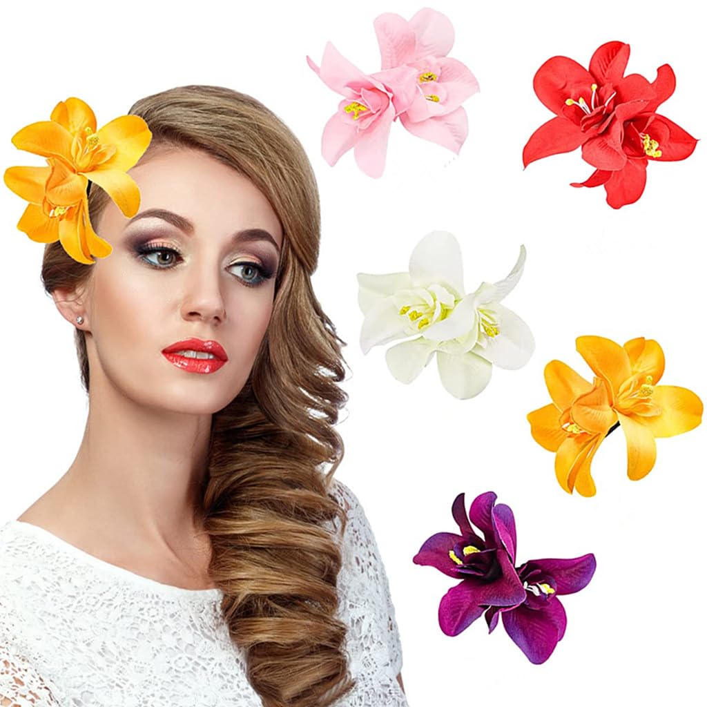 ALIMITOPIA Pinza para el pelo de flores, tela hawaiana bohemia, orquídea artificial, horquilla, pasador, tocado, pasadores, accesorios para el
