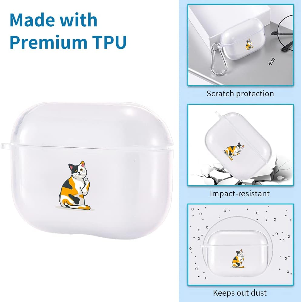 Idocolors Funda transparente con diseño de gato para AirPods Pro con mosquetón, funda de TPU a prueba de golpes para AirPods 3, funda protectora