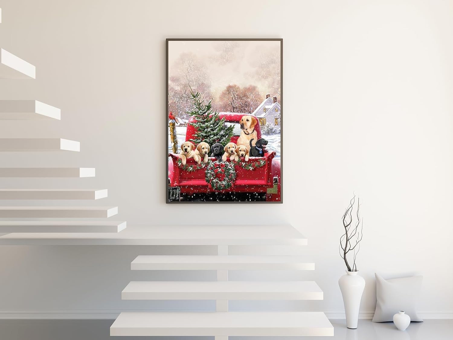 Kits de pintura de diamantes 5D de Navidad para adultos principiantes, perros de invierno, camión, arte redondo de diamantes de taladro completo,