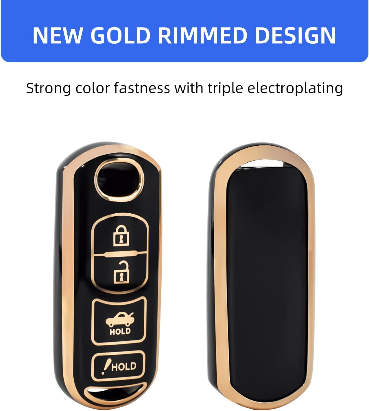 OFFCURVE Funda para llavero de coche compatible con Mazda A, Oro Negro+llavero