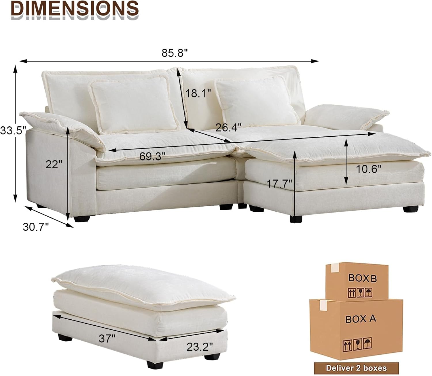 Cómodo sofá modular de felpilla de 85.4 pulgadas, cómodo sofá modular en forma de L para sala de estar, dormitorio, apartamento, oficina (beige)