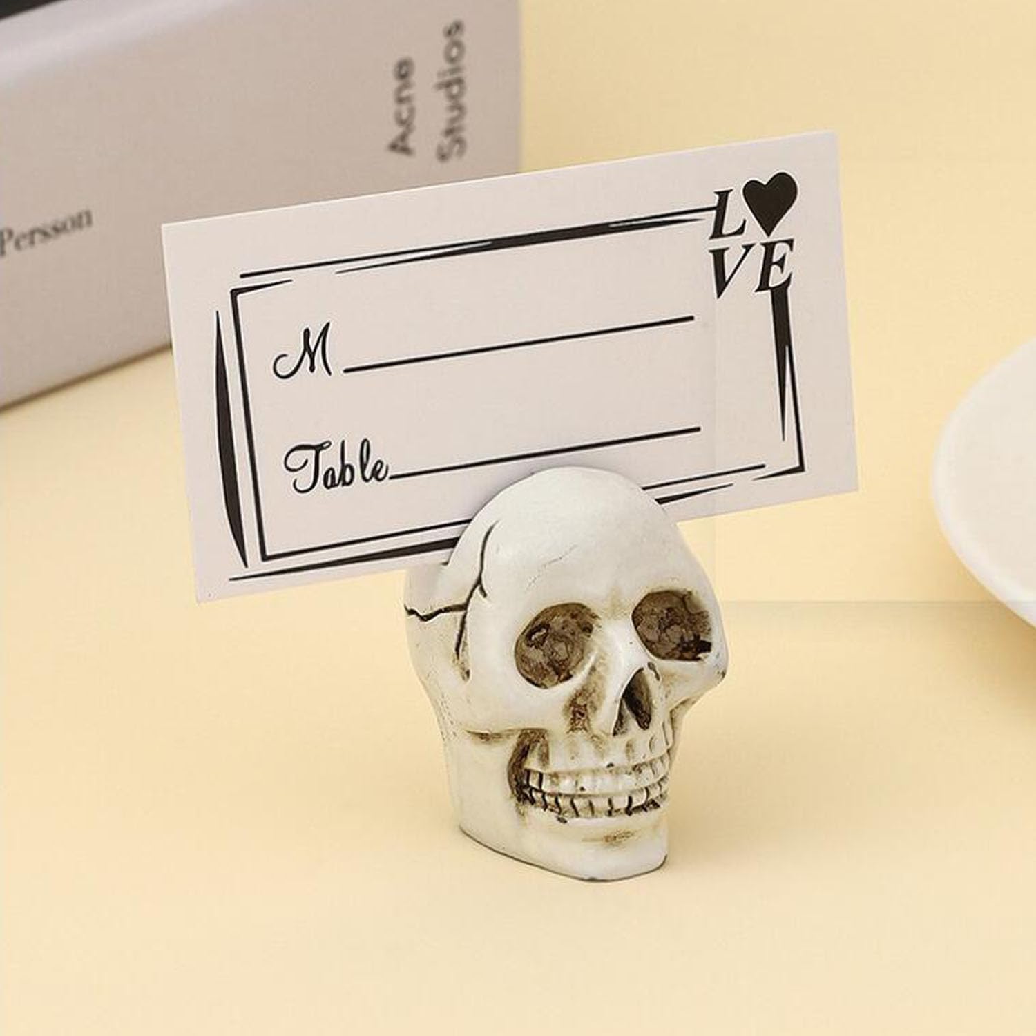 4 piezas de lindo clip para tarjetas en la parte superior de la mesa, cráneo de resina, modelo de réplica de calavera humana realista para