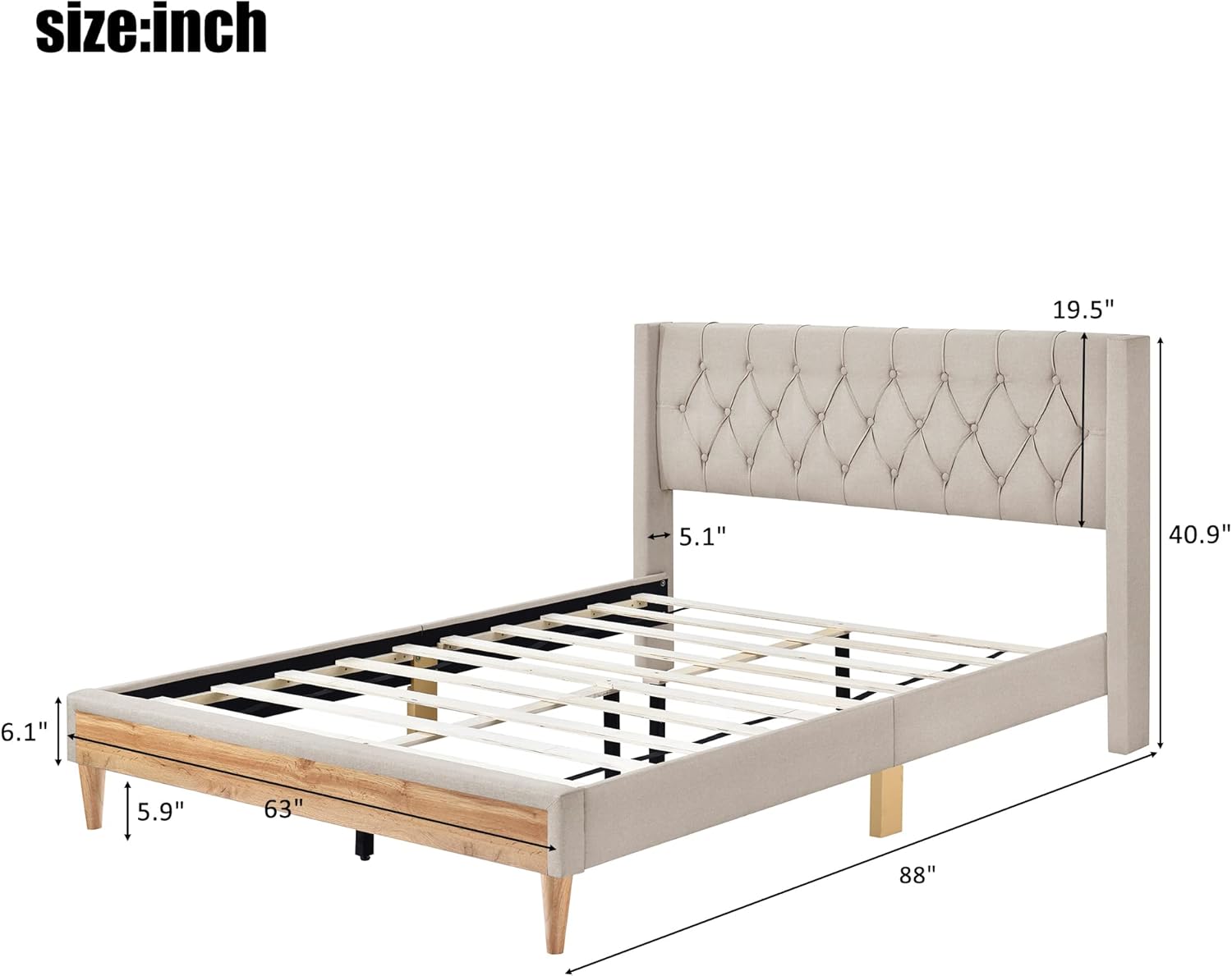 Base de cama tamaño Queen, plataforma tapizada de tela de lino con cabecero y patas de madera de goma, no necesita somier, para niños, adolescentes,