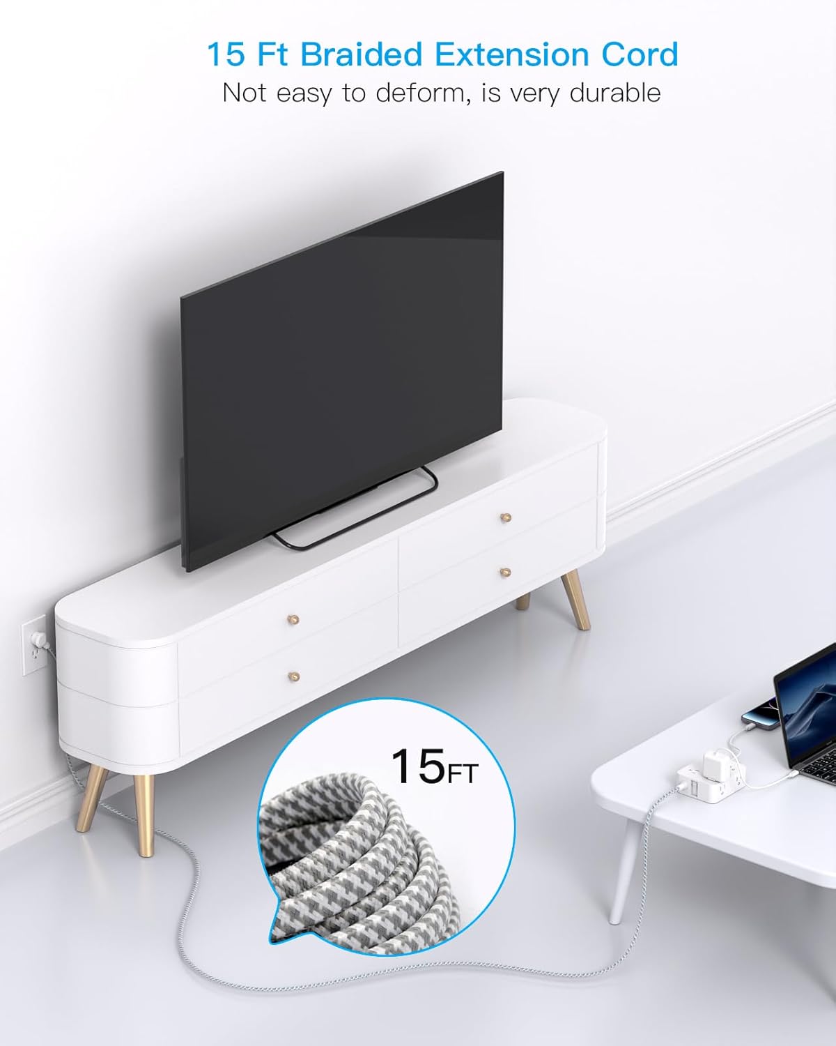 Regleta protectora de sobretensiones de 15 pies de largo, cable de extensión de 15 pies con 8 tomas, 4 puertos USB (2 USB C), enchufe plano,