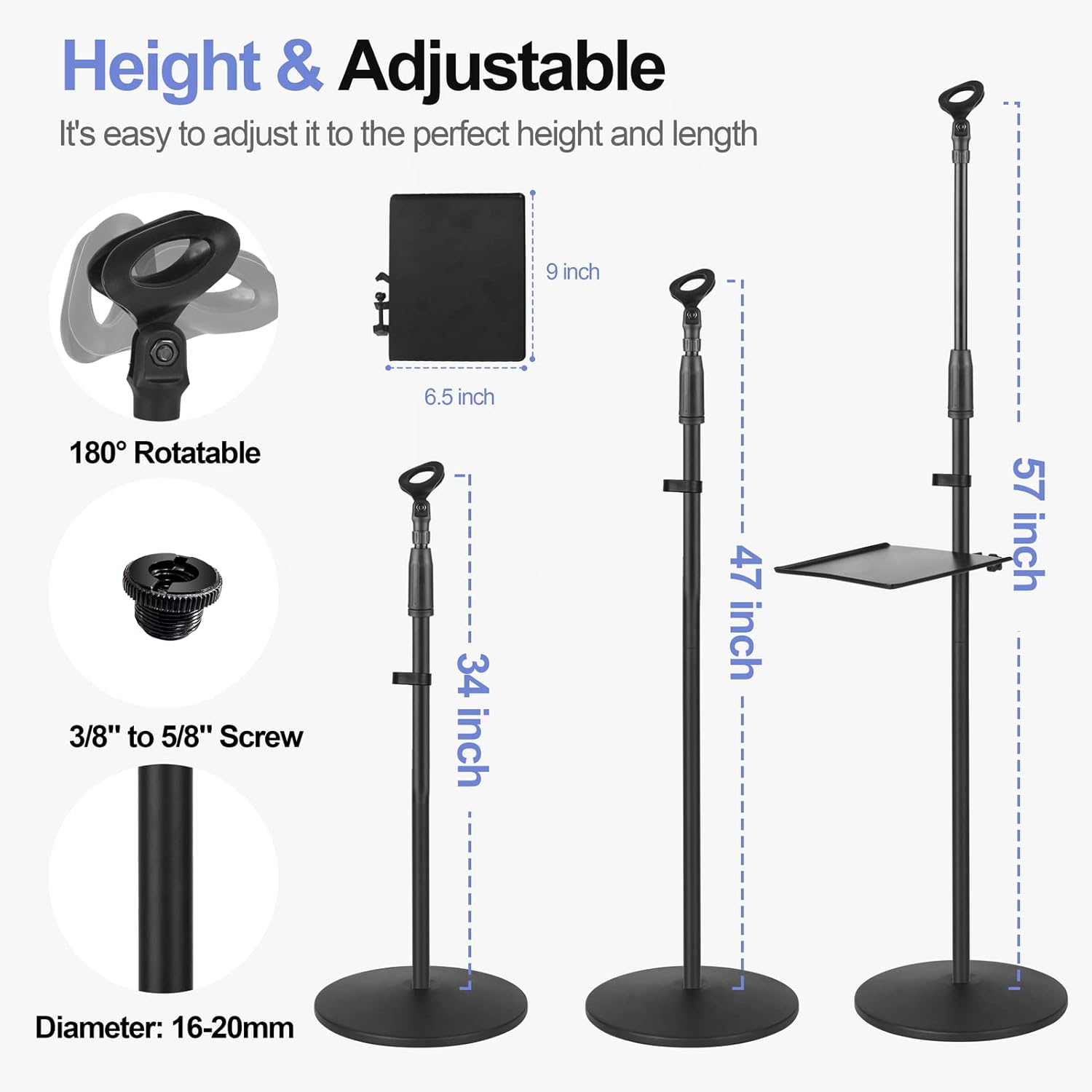 Soporte para micrófono, soporte ajustable para micrófono de karaoke para cantar, soporte universal para el suelo desmontable con base redonda