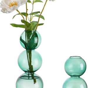 Hewory – Floreros de burbujas de vidrio para flores, 2 piezas, color verde, único, lindo jarrón de flores individuales para centros de mesa, jarrón Hewory – Floreros de burbujas de vidrio para flores, 2 piezas, color verde, único, lindo jarrón de flores individuales para centros de mesa, jarrón