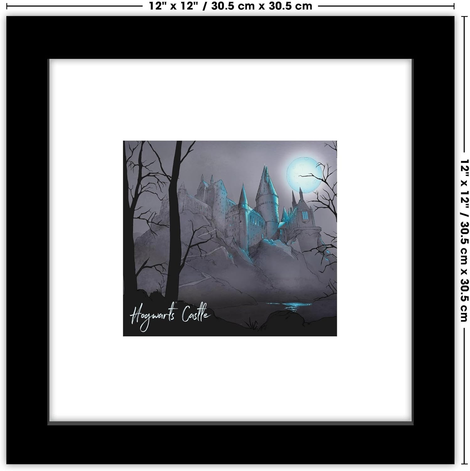 Trends International Gallery Pops Harry Potter – Arte de pared Glimmer Hogwarts Castle Moonlight, versión enmarcada negra, 12 x 12 pulgadas