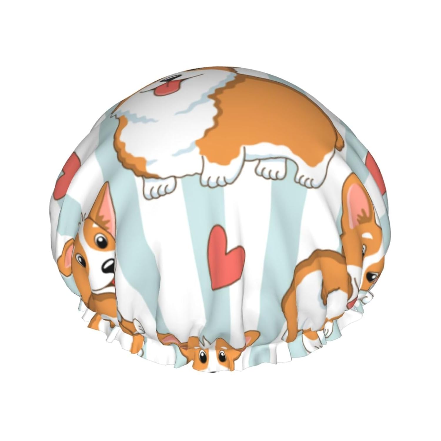 Gorro de ducha de lujo para mujer, diseño de caricaturas, encantadores, perros corgi y corazones, impermeable, reutilizable, doble capa para cabello