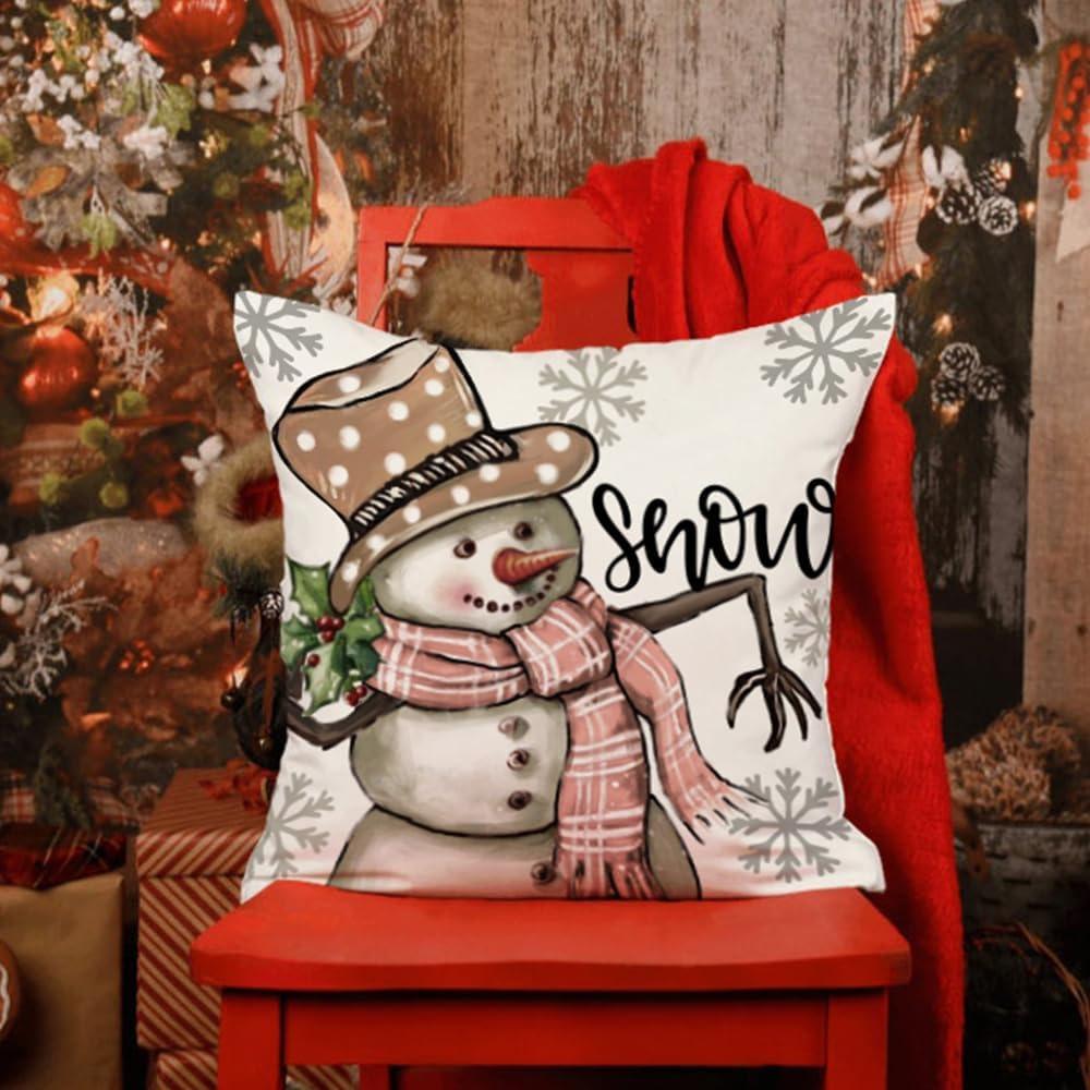 DFXSZ Juego de 4 fundas de almohada navideñas de 18 x 18 pulgadas, diseño de muñeco de nieve de Navidad, renos, rosa y negro, bufanda decorativa de