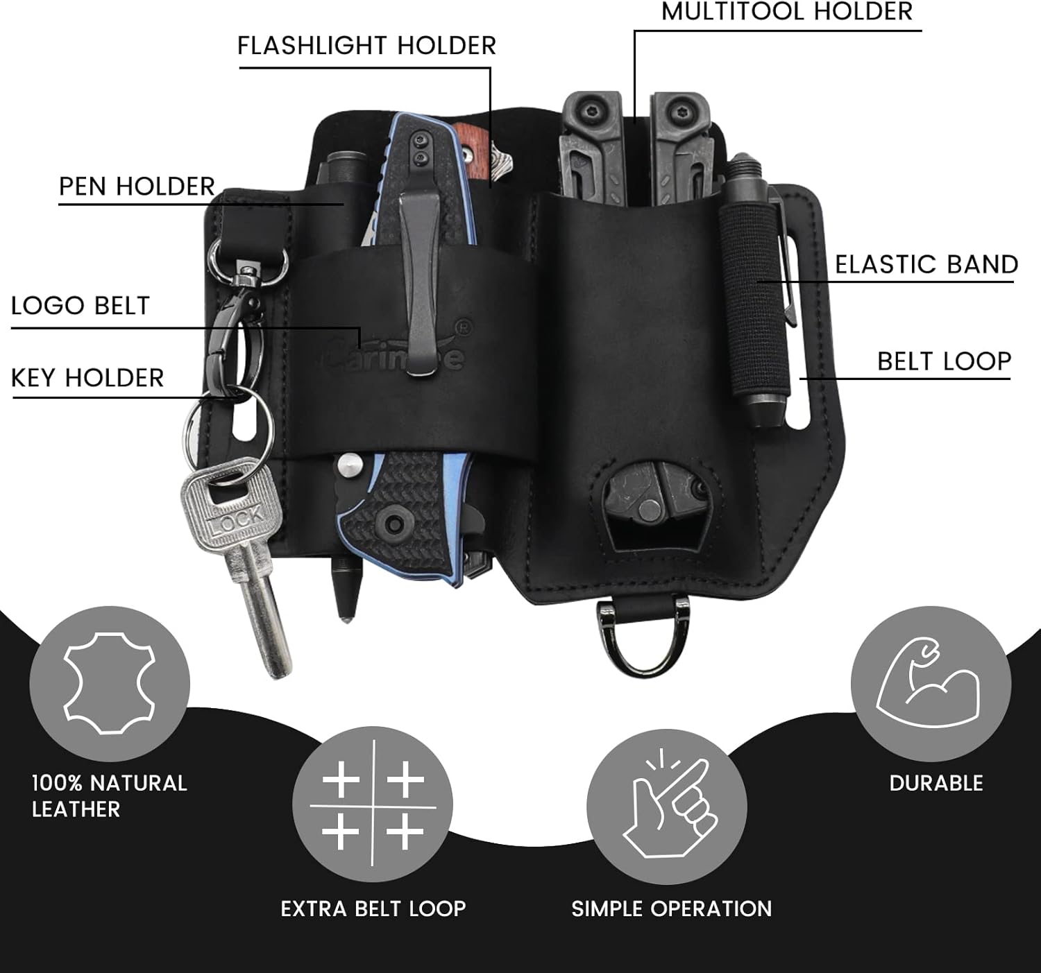 Funda de cuero multiherramienta, organizador de cinturón EDC negro con soporte para linterna, banda elástica, bolsa multiherramientas, clip para