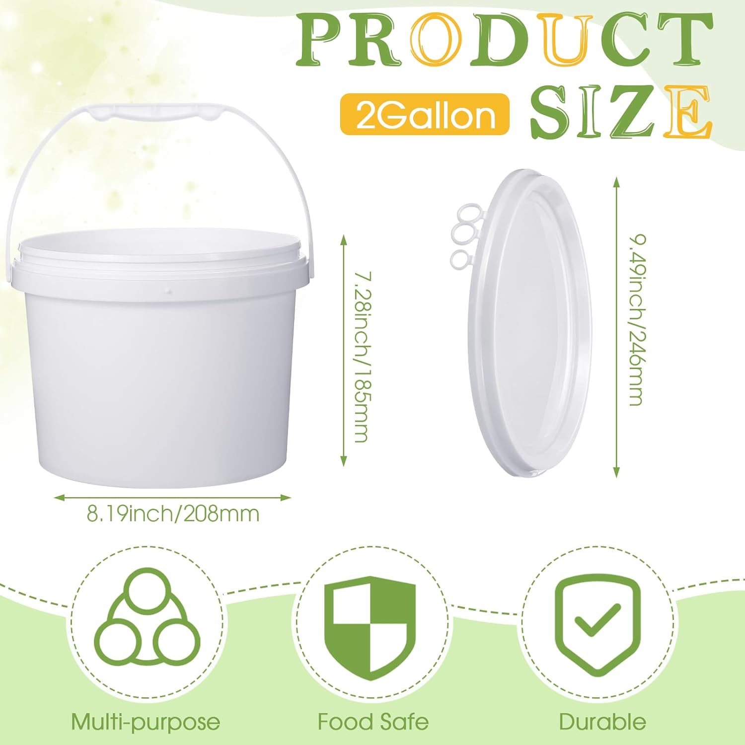 8 cubos de 2 galones con tapa, cubeta de plástico con asa, cubo duradero y resistente, contenedor seguro para alimentos, para almacenamiento