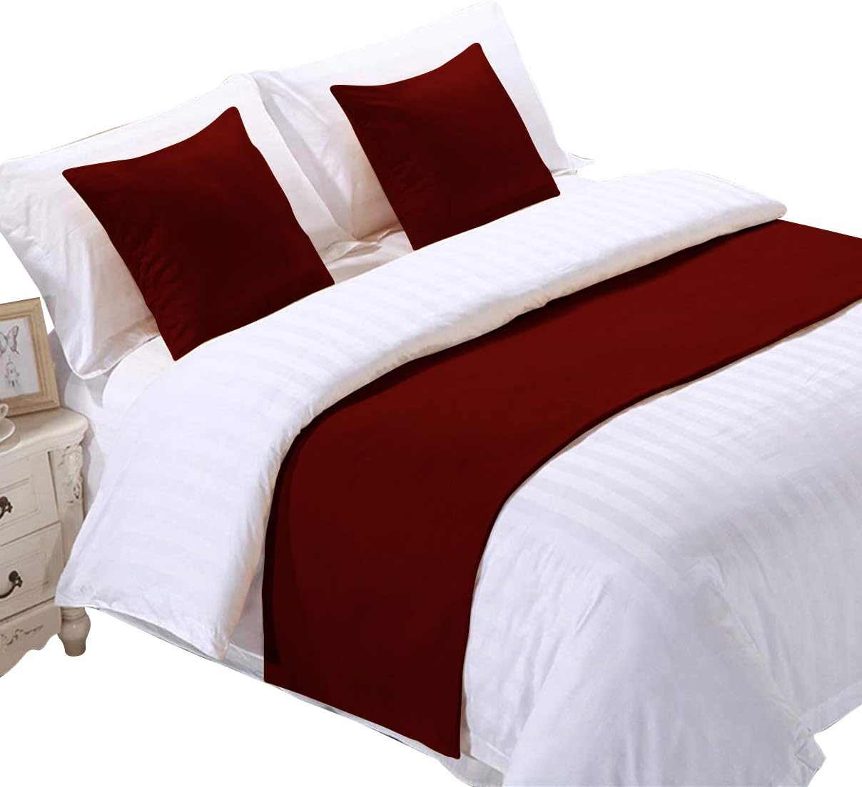 Camino de cama de algodón egipcio de 800 hilos, bufanda decorativa de cama de 1 pieza y 2 fundas de cojín a juego tamaño King borgoña sólido