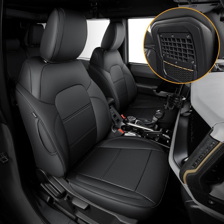 BAMACAR Fundas de asiento para Ford Bronco 2023 2022 2021 4 puertas con paneles Molle, fundas de asiento Bronco de cuero negro 2023 para fundas de