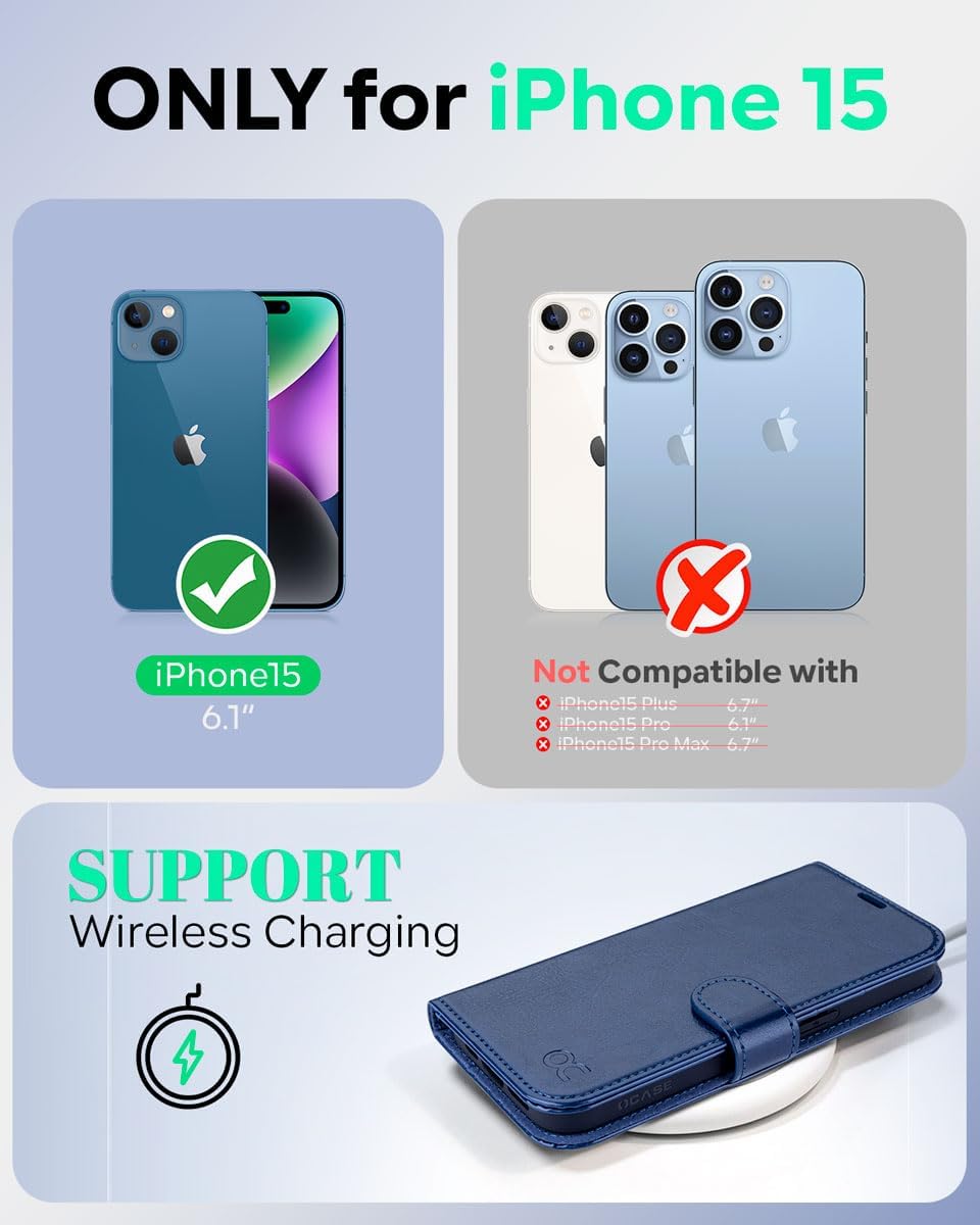 OCASE Funda de piel sintética compatible con iPhone 15, con tarjetero y función atril con bloqueo RFID carcasa interior de TPU a prueba de golpes
