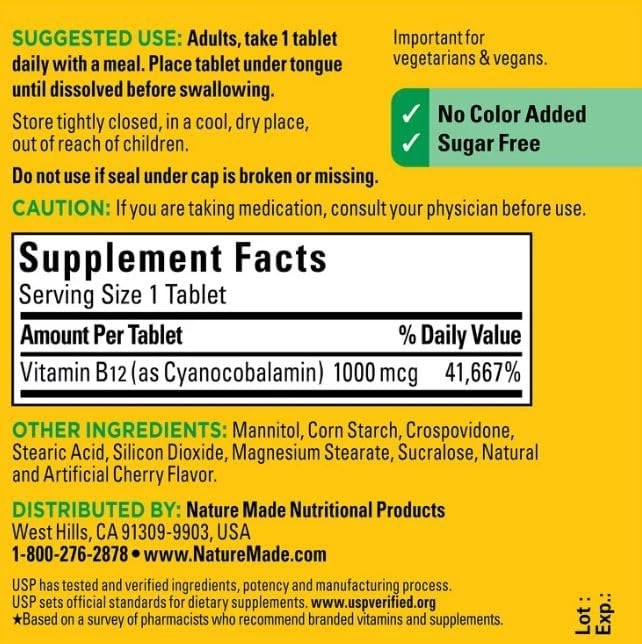 Vitamina B12 Sublingual 1000 mcg tabletas de disolución rápida sin azúcar, hechas en la naturaleza, 60 unidades y marcador de regalo de YOLOMOLO