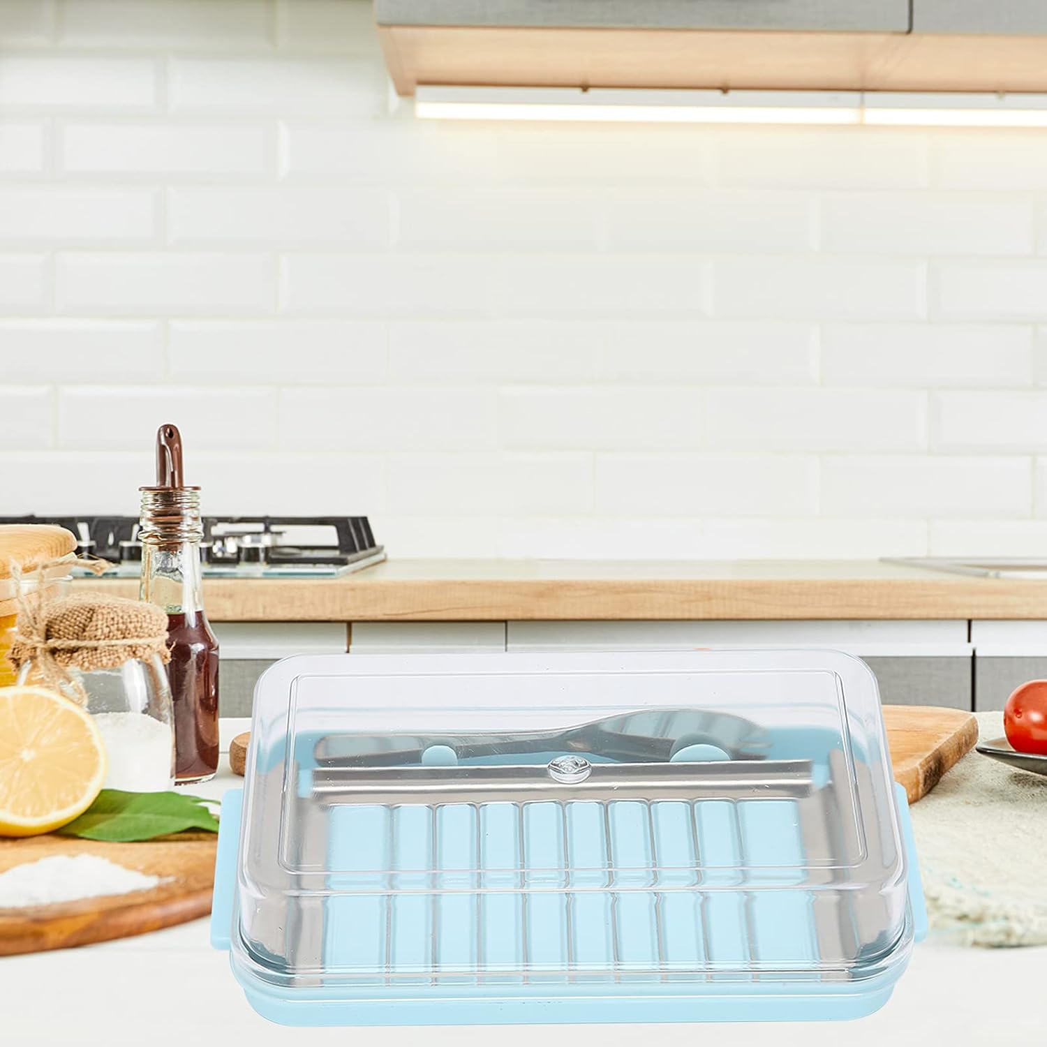 Caja cortadora de mantequilla de acero inoxidable, contenedor de almacenamiento de queso con cubierta transparente para conservador de mantequilla