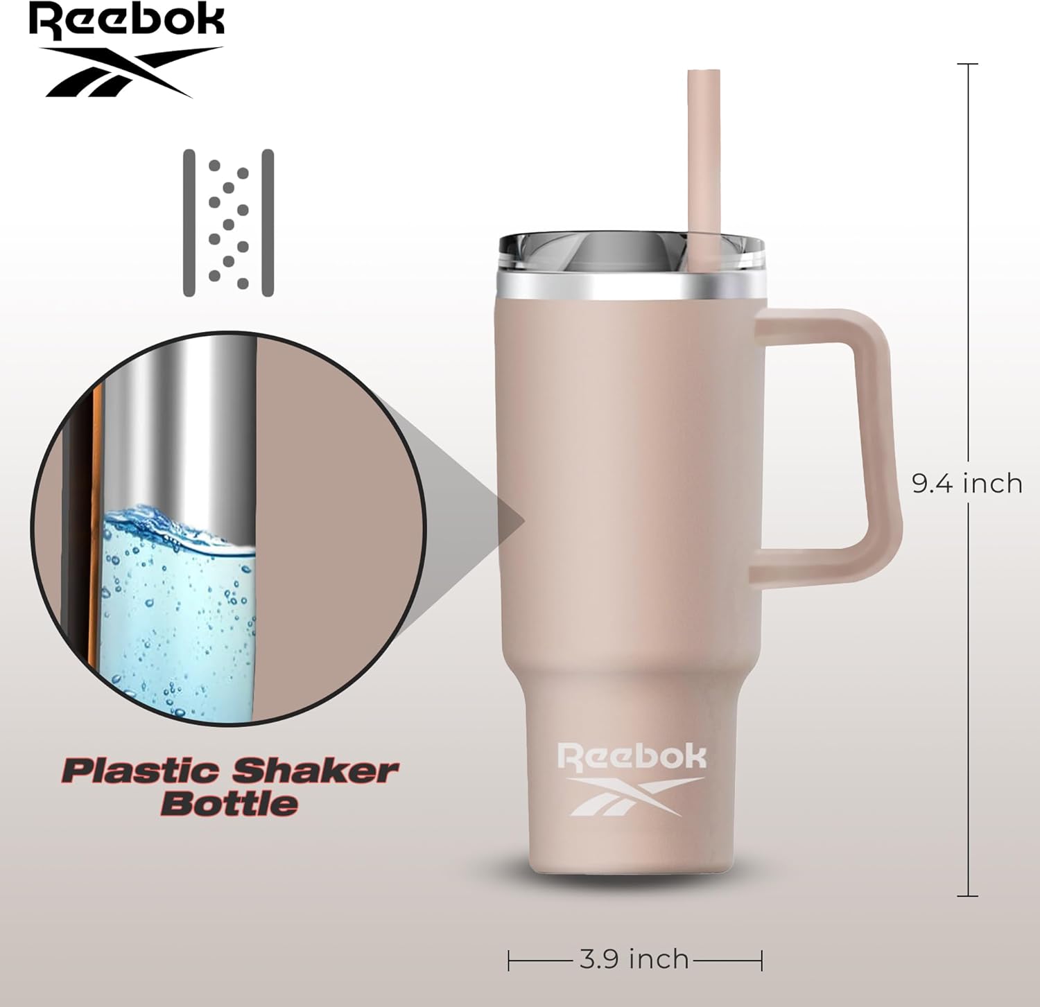 Reebok Vaso de acero inoxidable con diseño de estilo de vida, vaso de 40 onzas con asa, vaso de doble pared aislado al vacío, vaso a prueba de fugas