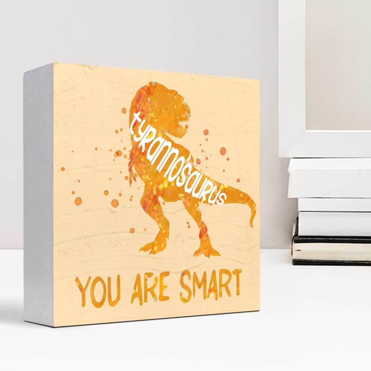 Letrero de madera con texto en inglés “You are Smart Inspiration” para cuarto del bebé, decoración de escritorio con diseño de tiranosaurio naranja