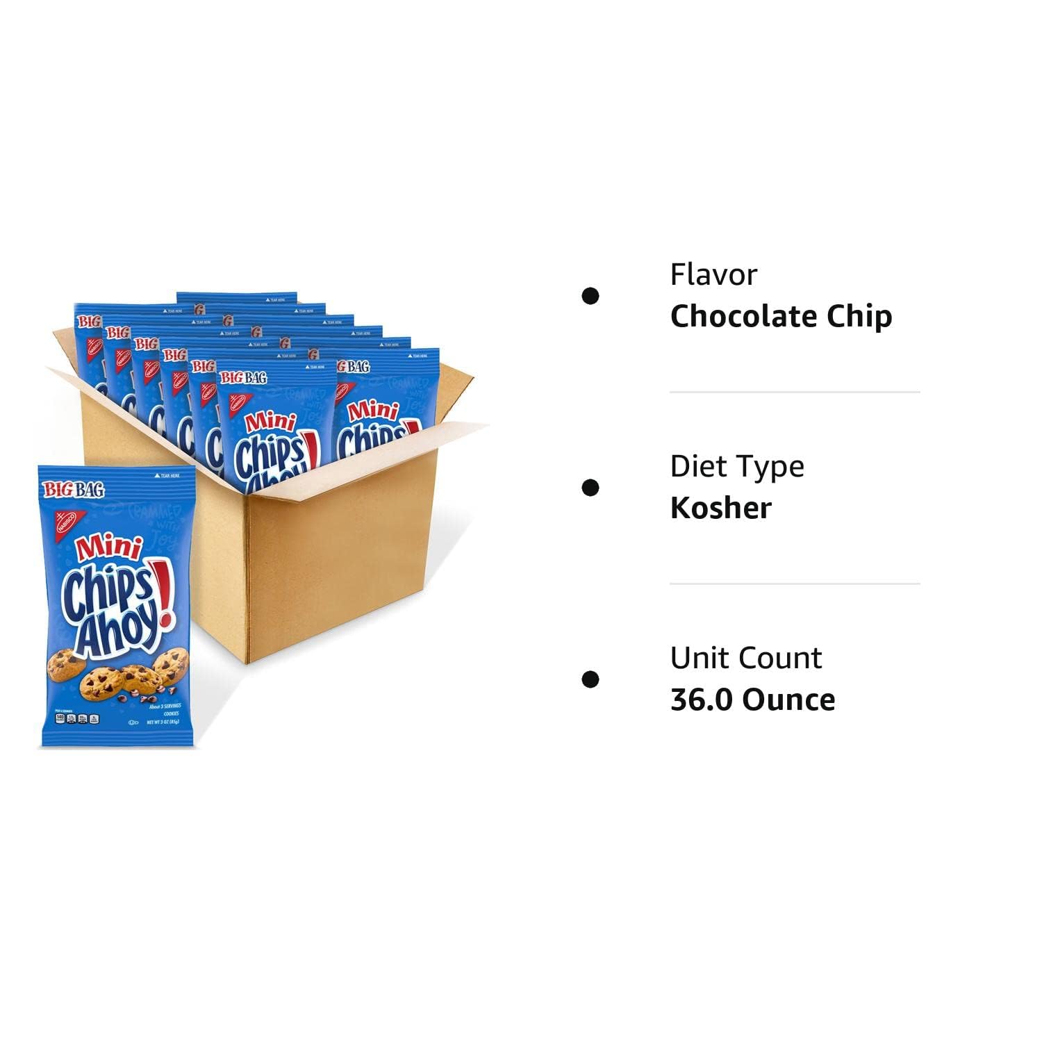CHIPS AHOY! Mini galletas con chispas de chocolate originales, 12 bolsas grandes de 3 onzas