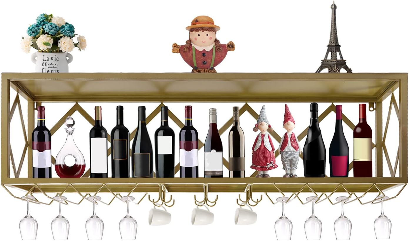 Estantes de vino montados en la pared, estantes flotantes para copas de vino invertidas, soporte multifuncional para botellas de hierro, estante